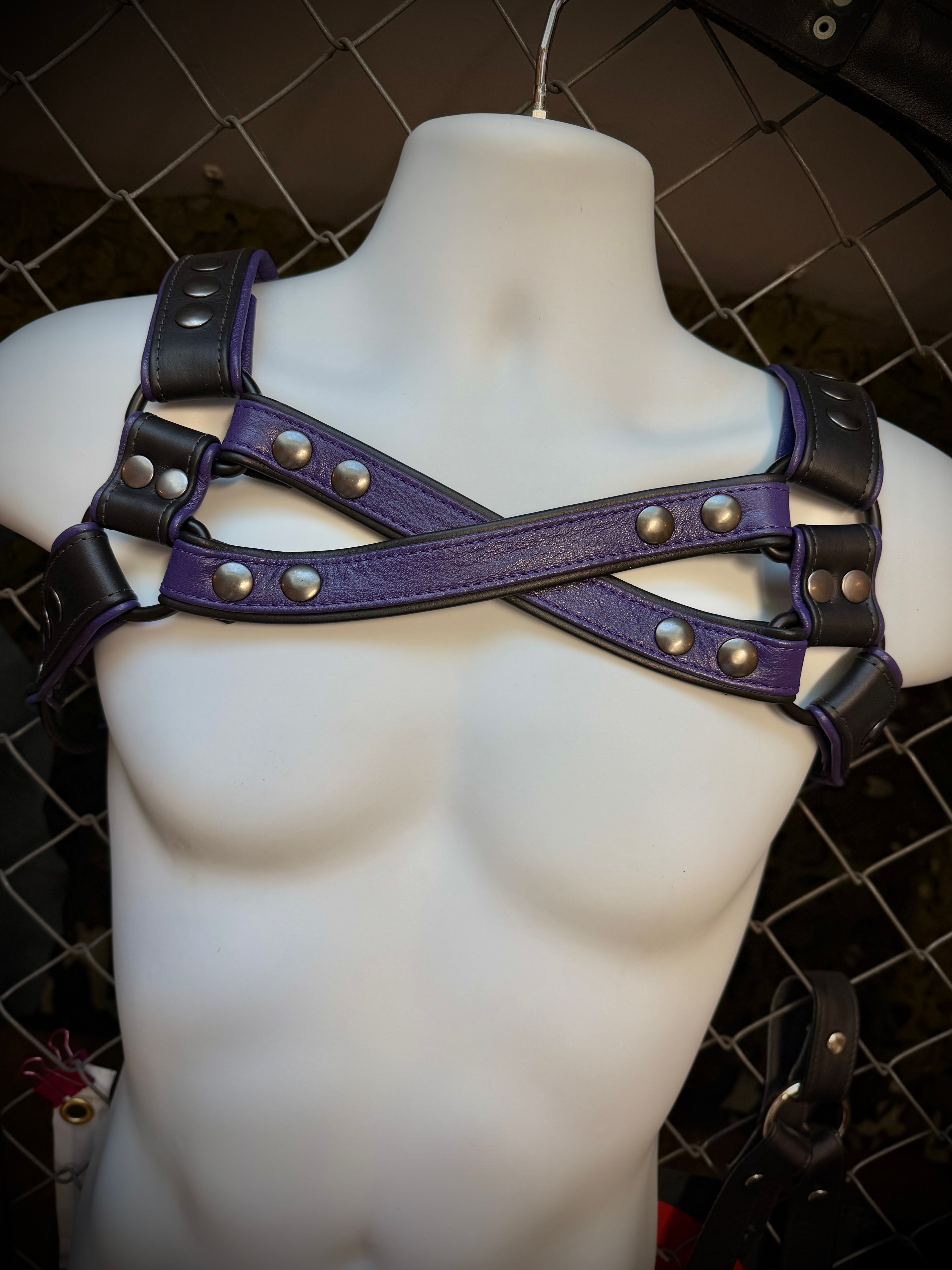 Purple studded leather harness on mannequin