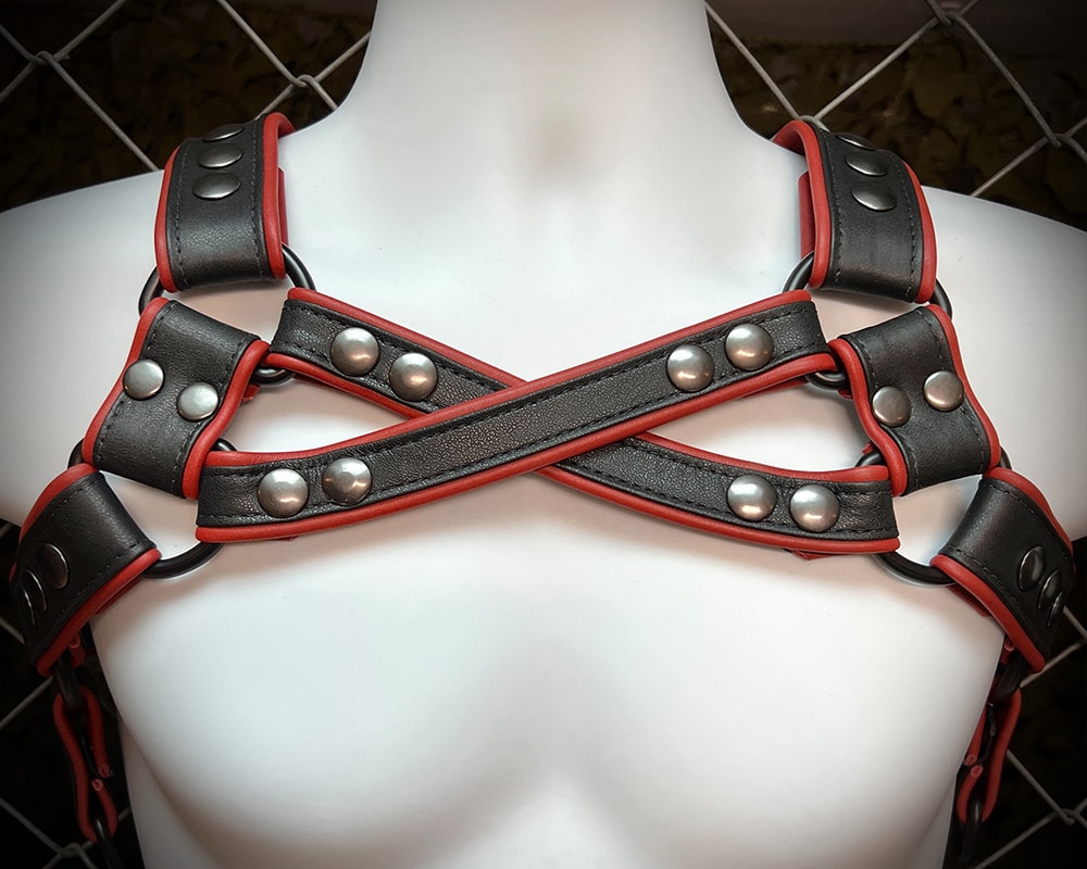 Red piped cross harness